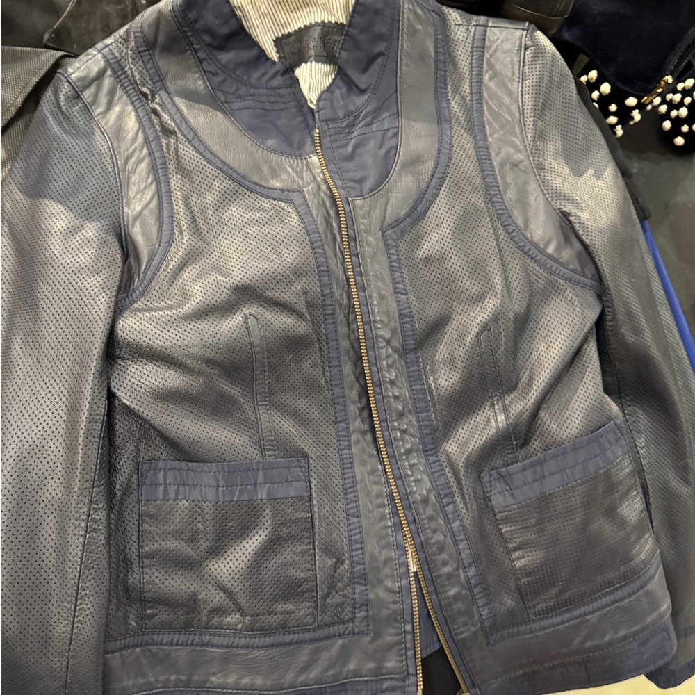 Navy Perforated Leather Jacket